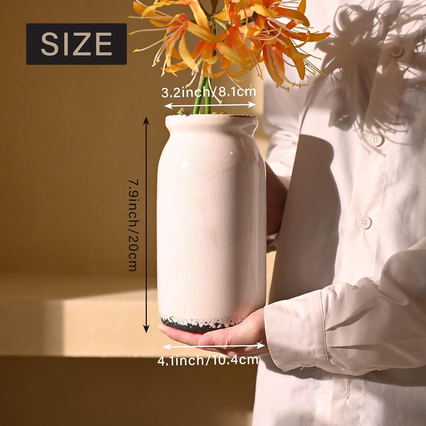 VICTOR & TERESA Rustic White Vase for Home Decor, Ceramic Vases for Flowers, Modern Farmhouse Decorative Vases for Pampas Grass,Table Accent, Mantel, Living Room,Bookshelf, Centerpieces, 8''