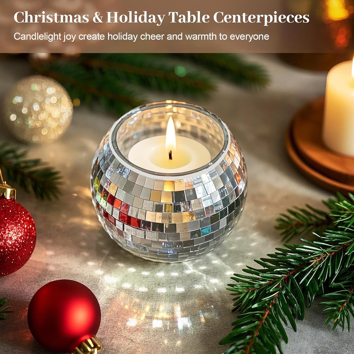 Luditek Disco Ball Candle Holders, 12 Pcs Mirror Silver Decor for Christmas Birthday Wedding NYE Party Decorations, Glass Votive with Tealights for Home Table Centerpiece, Gifts for Women