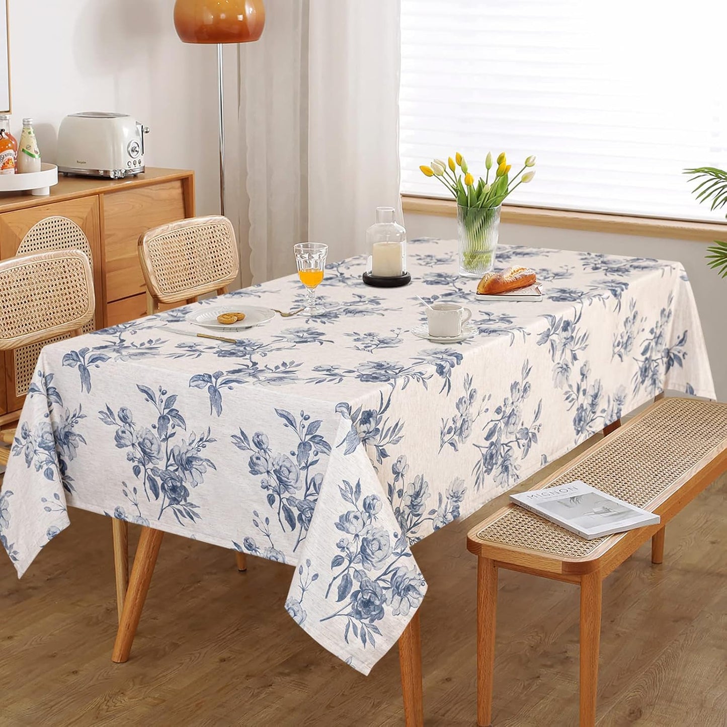 MYSKY HOME Rectangle Tablecloth 60x120 Inches, Linen Farmhouse Tablecloths Waterproof Decorative Fabric Table Cloth for Kitchen Party Floral Tablecloth for 8 Feet Table Blue and Grey Tablecloth