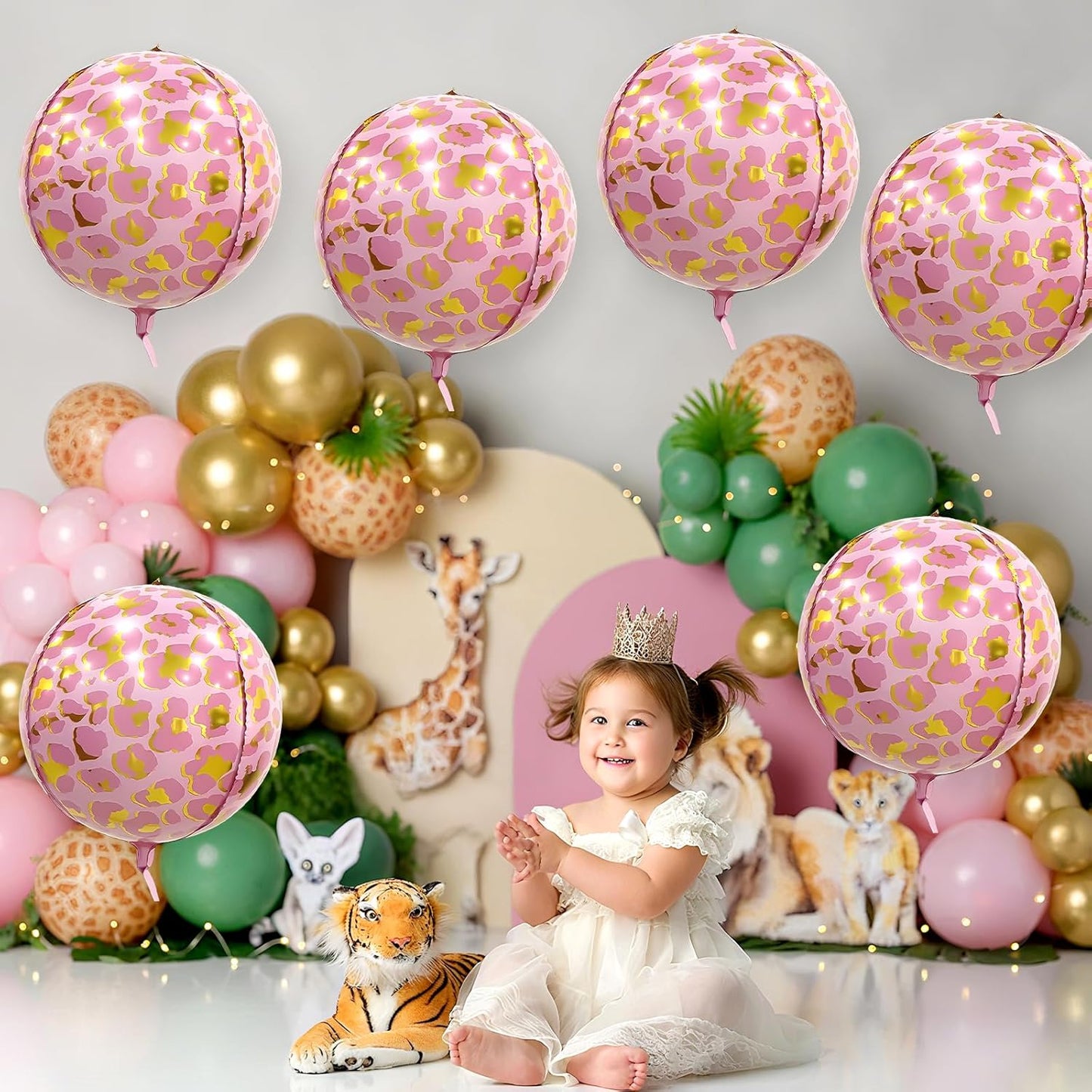 6Pcs Pink Cheetah Print Foil Balloons, 22inch 4D Leopard Theme Balloons, Large Round Ball Animal Foil Balloon for Cheetah Zoo Themed Wild Jungle Birthday Party Backdrop Decorations