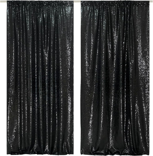 SquarePie Sequin Backdrop Curtain 8FT x 10FT Black Satin Backing Fabric Photography Background for Wedding Patry 4FT x 10FT 2 Panels