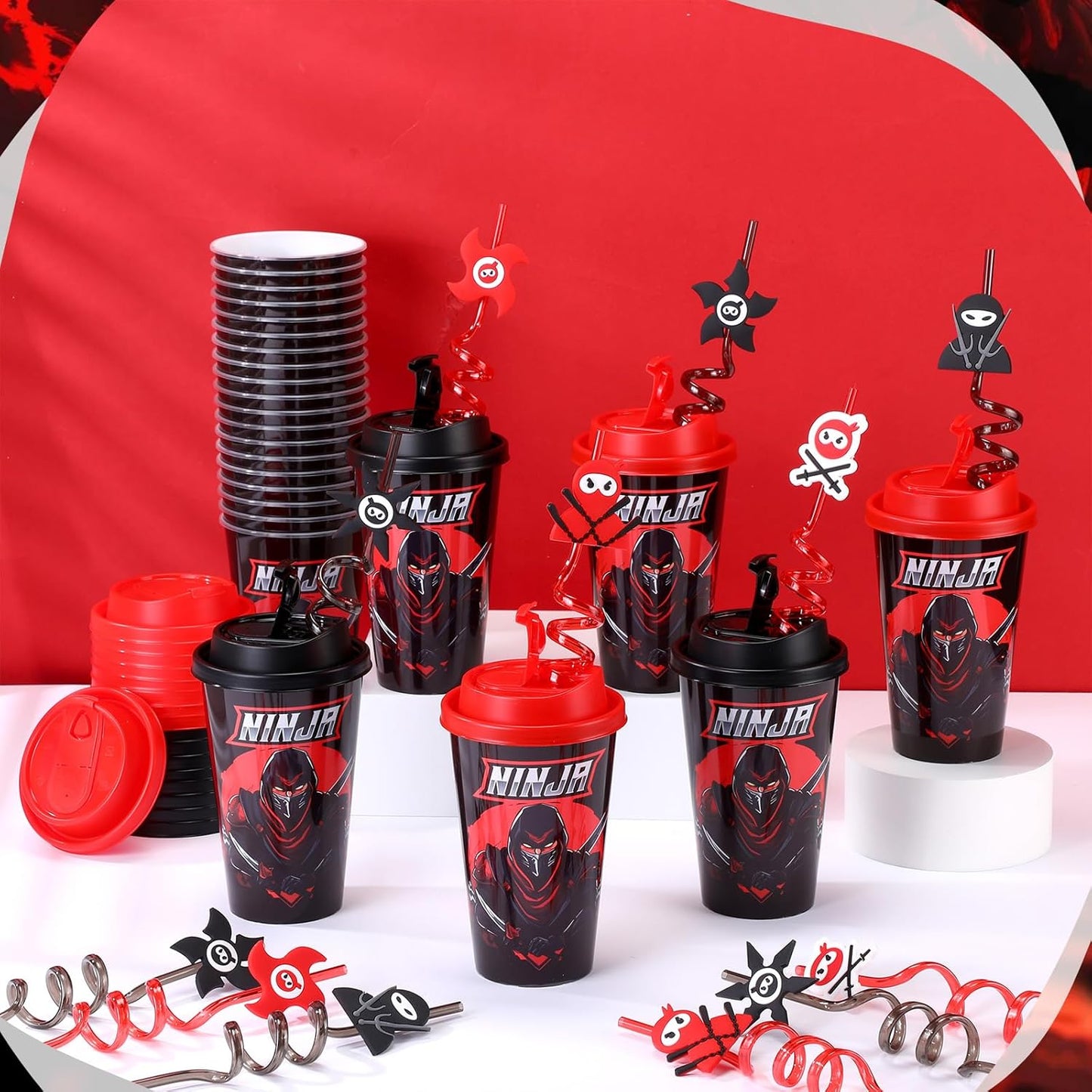 Yungyan 36 Sets Ninja Party Favors Goodie Cups with Lids and Straws for Birthday Decorations Reusable 16oz Plastic Candy Cups Plastic Straws for Birthday Party (Ninja)