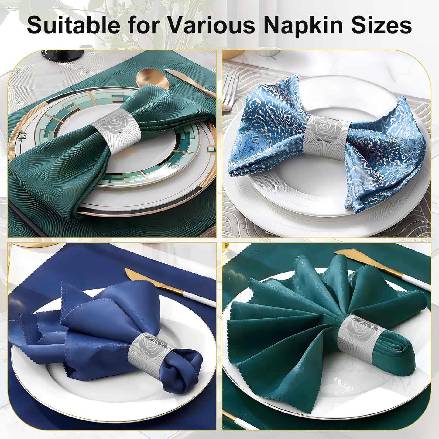 Polymer Material Reusable Napkin Band, Glue-Free Tear-Proof Water Resistant Oil-Proof Napkin Bands Set of 100(Front Silver Rose and Back Silver Color), 6 Adjustable Sizes Napkin Rings