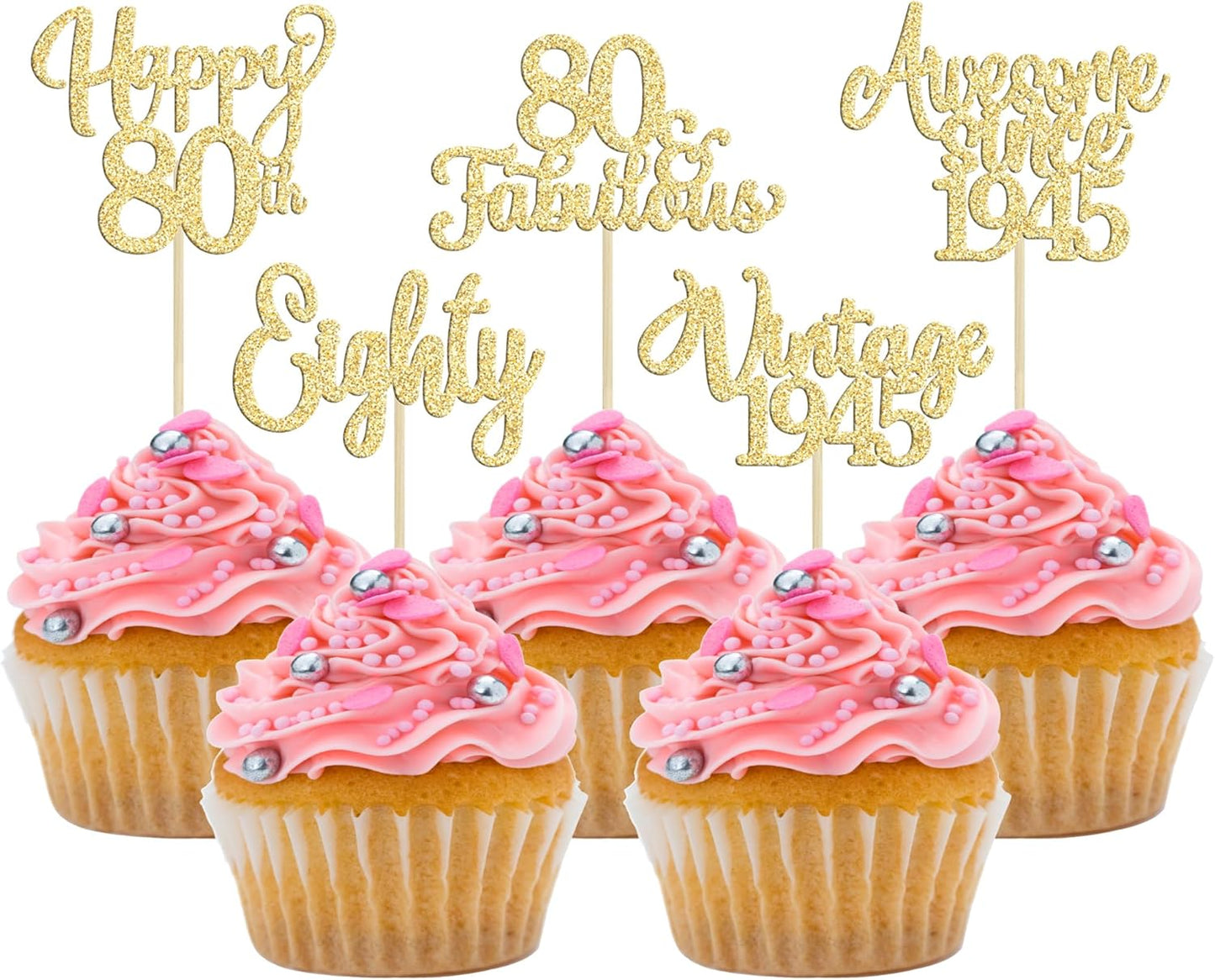 30Pcs Vintage 1945 Cupcake Toppers Glitter Eighty Happy 80th Birthday 80 Fabulous Cupcake Picks Awesome Since 1945 Cake Decorations for 80th Birthday Anniversary Retirement Party Supplies Gold