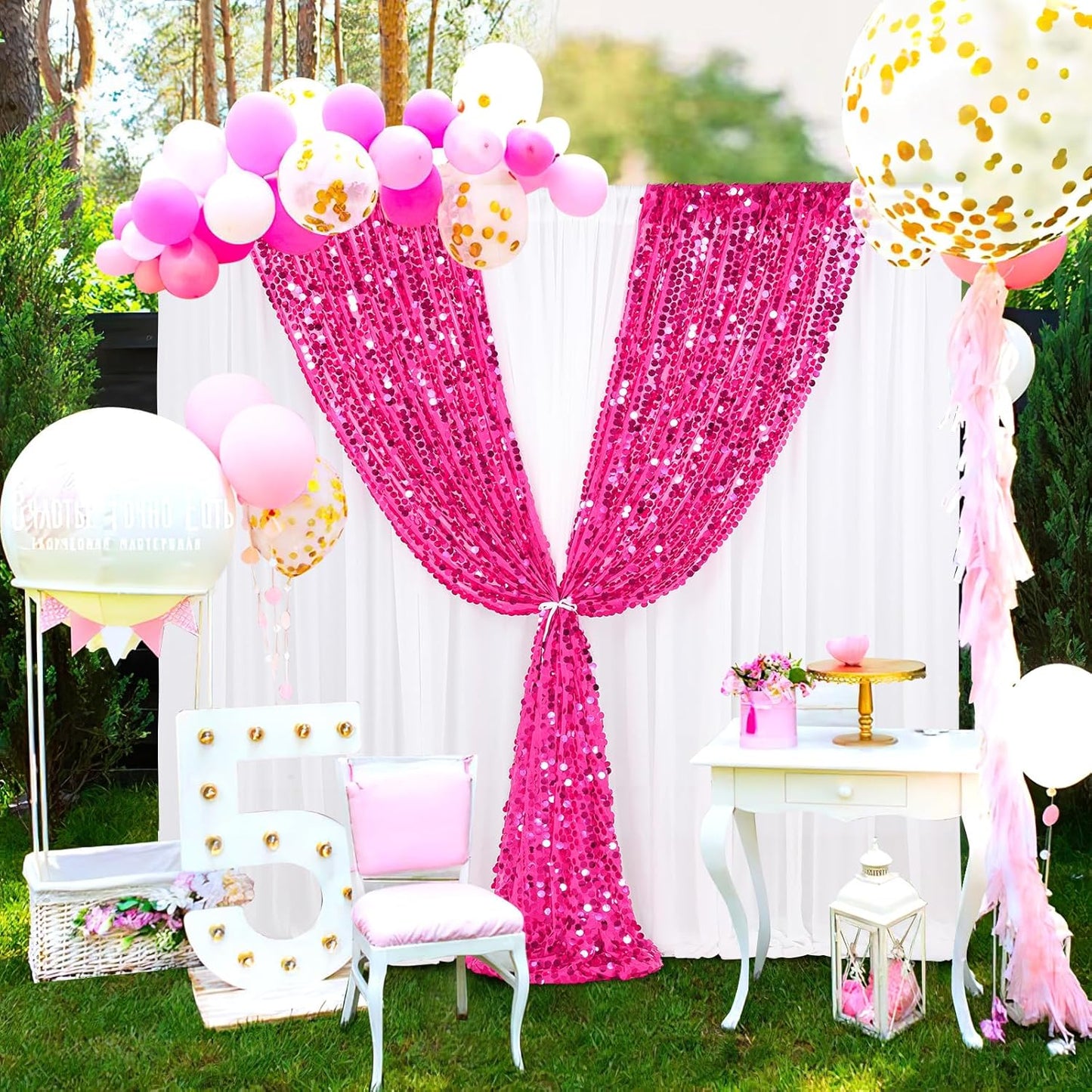 18mm Glitter Payette Backdrop 2 Panels 4ftx8ft Hot Pink Sequin Drapes Panels Wedding Stage Background Decorations Fabric
