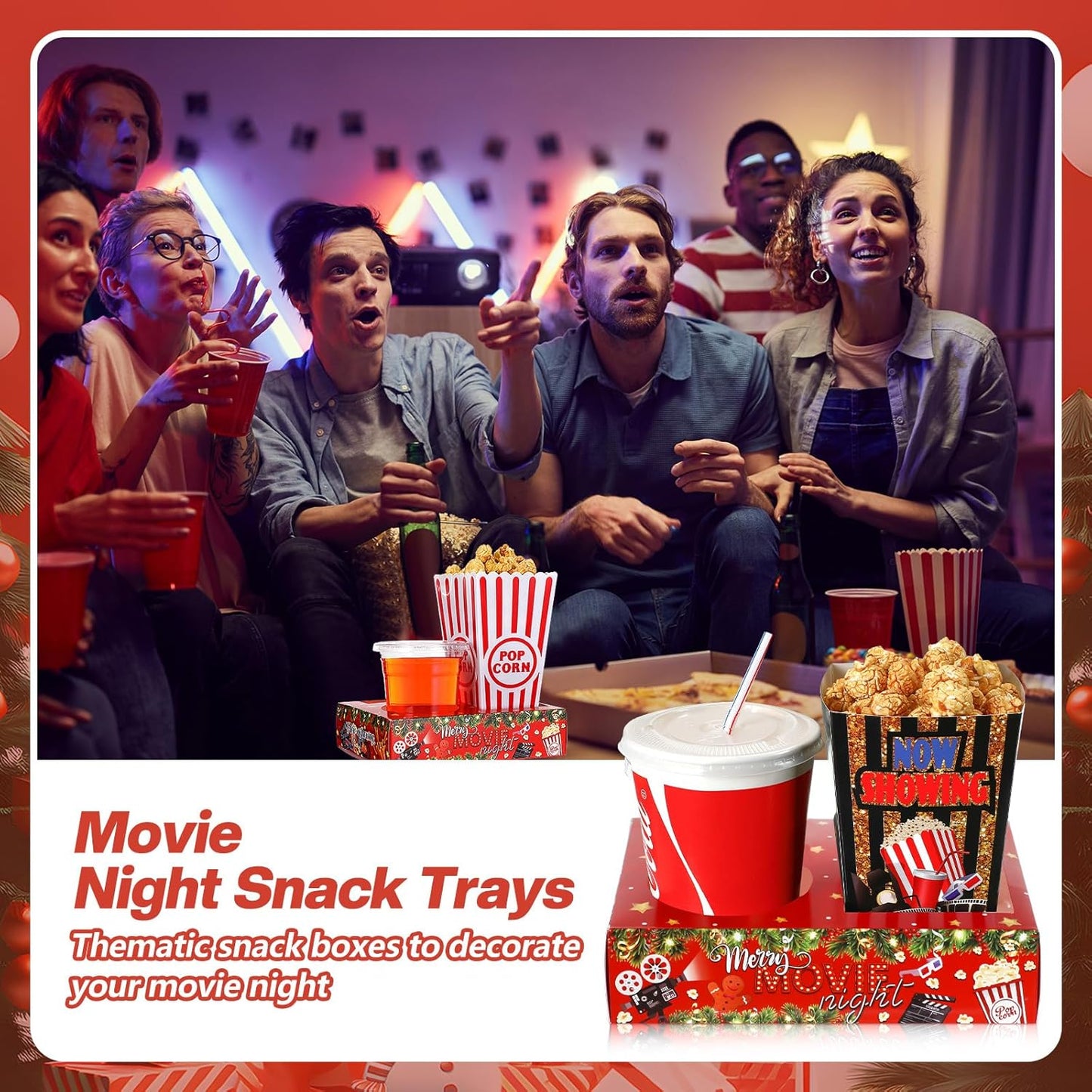 Faccito 36 Pcs Movie Night Snack Trays Movie Theater Snack Boxes Night Supply Disposable Paper Holder Tray for Popcorn Food Candy Drink Party 8 x 6 Inch(Red Green,Holly Style)