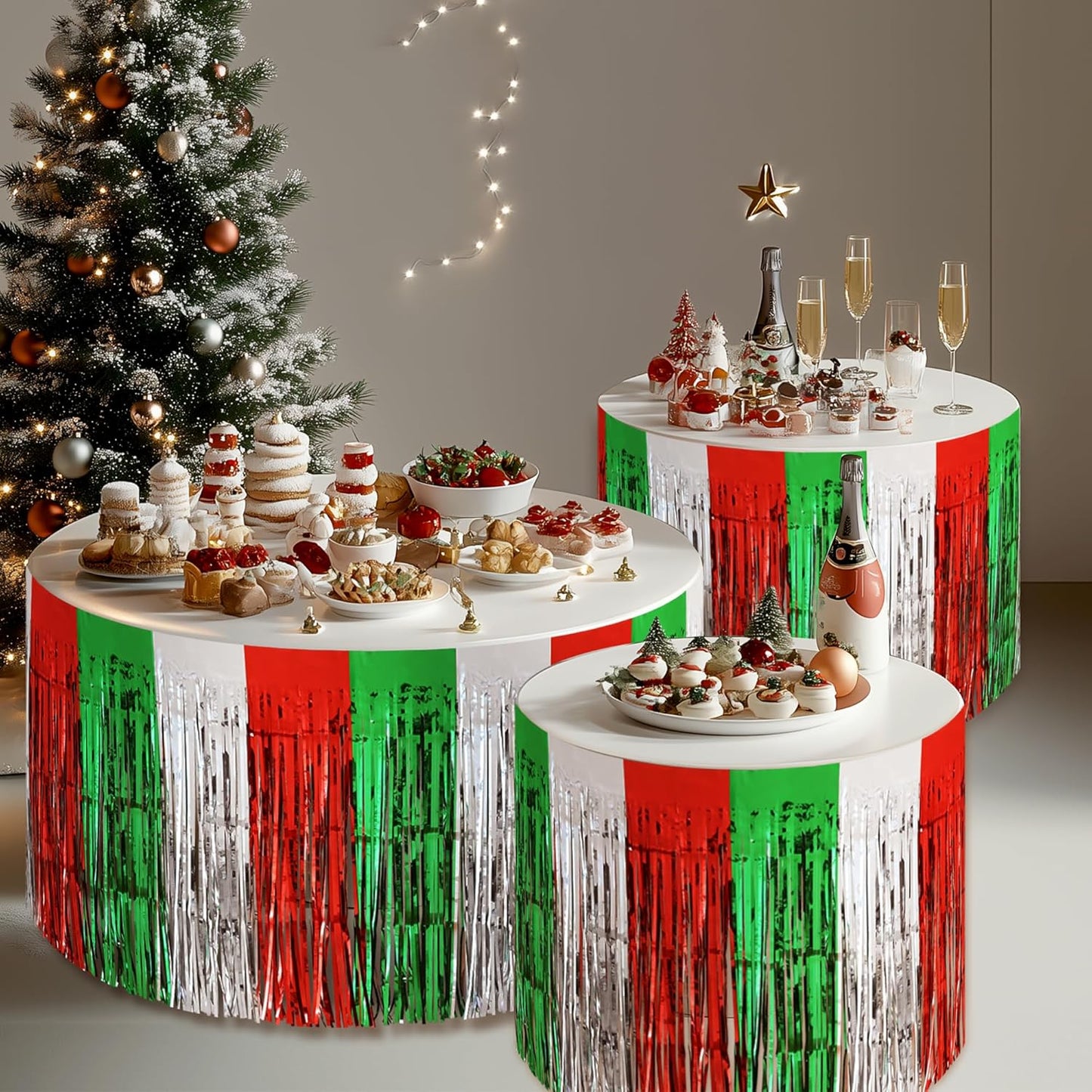 2 Pack Christmas Table Skirts, 29x108" Red & Silver & Green Metallic Foil Tinsel Fringe Table Skirts for Rectangle Tables Streamer Curtain Backdrop, Party Decoration for Xmas Birthday Wedding Holiday