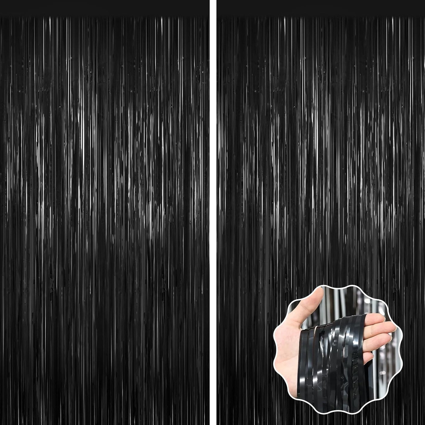 Black Foil Curtain Backdrop,2Pack Black Metallic Tinsel Foil Fringe Curtains Photo Booth Props for Birthday Wedding Engagement Baby Shower Bachelorette Christmas Halloween Disco Party Door Decorations