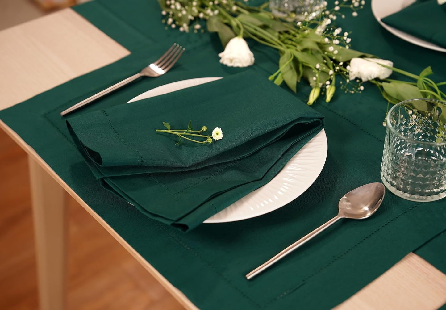 100% Pure Linen Green Napkins 20 x 20 Inch - Hemstitch Christmas Dinner Napkins Set of 4 - Cloth Fabric Napkins for Thanksgiving, Winter, New Year - Elara