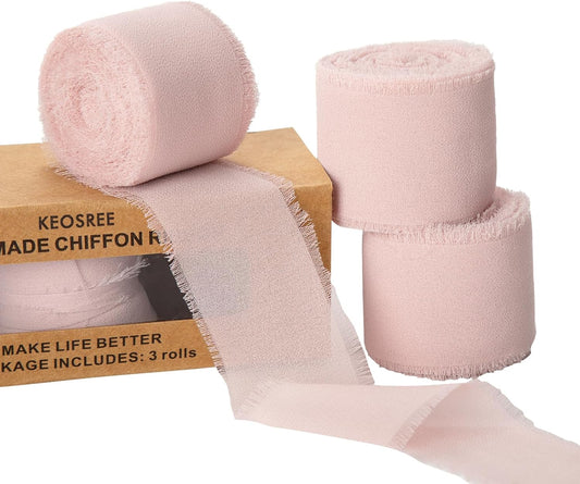 3 Rolls Light Pink Handmade Chiffon Ribbon,1.5" x 21Yd Frayed Fringe Silk Ribbons (3 Rolls *7Yd) for Gifts Wrapping, Wedding Invitations, Bridal Bouquets, Decorations