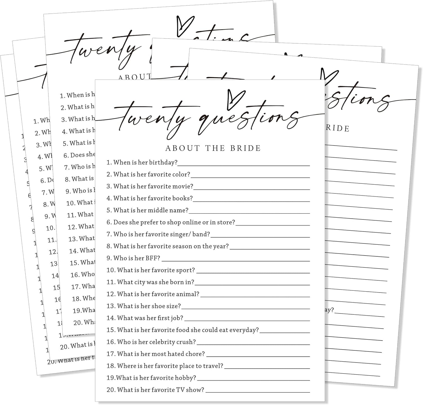 Fun Wedding Shower Games Cards, Twenty Questions About The Bride, Bridal Party Game and Favors for 25 Guests, Bridal Shower Decorations, Minimalist White Wedding Party Supplies - A07