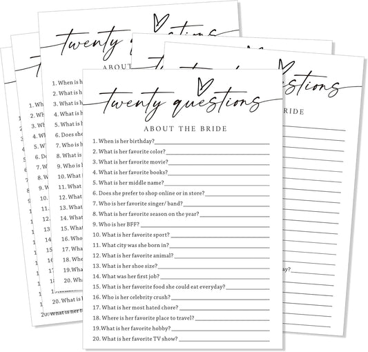 Fun Wedding Shower Games Cards, Twenty Questions About The Bride, Bridal Party Game and Favors for 25 Guests, Bridal Shower Decorations, Minimalist White Wedding Party Supplies - A07