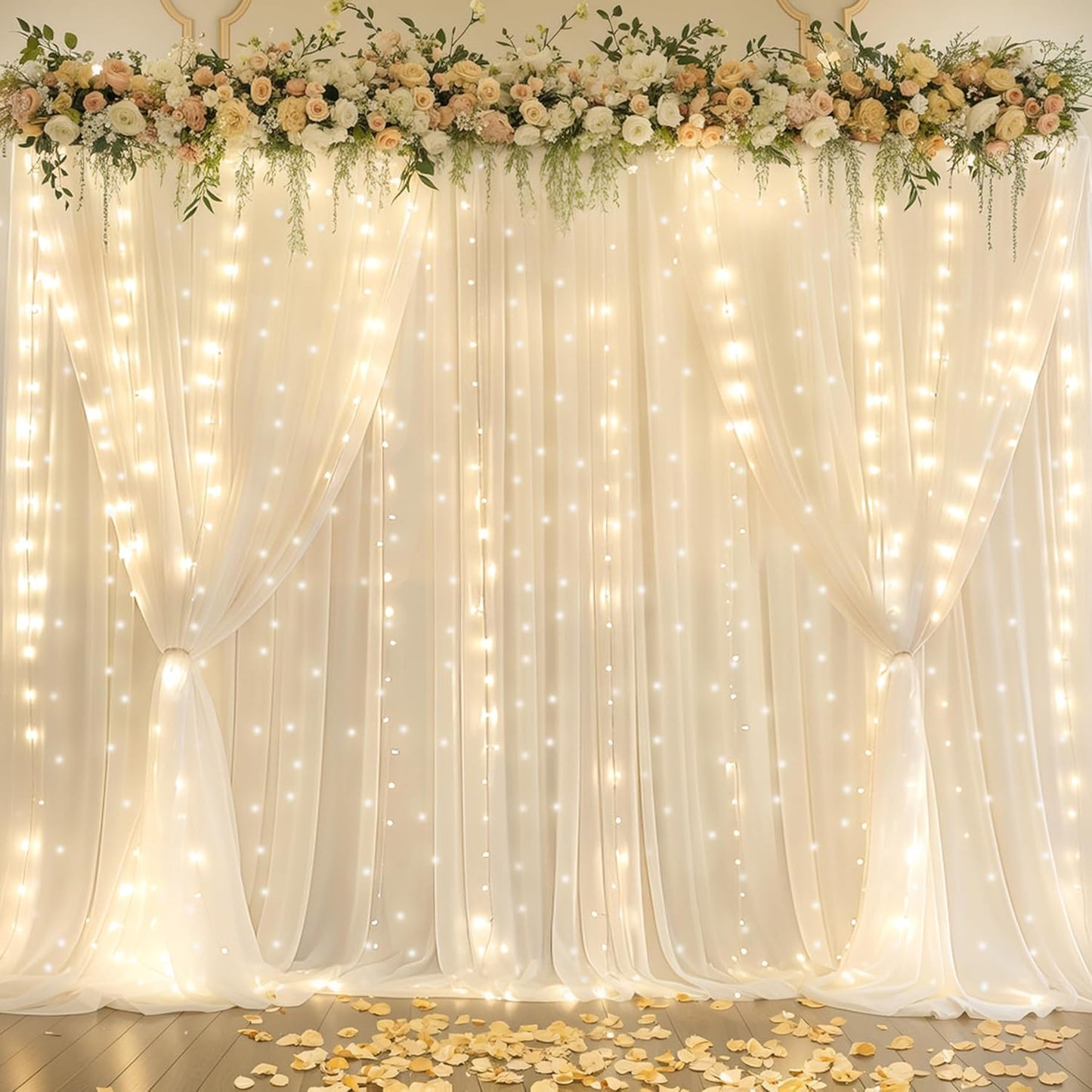 10x10ft Ivory Chiffon Backdrop Curtain with Lights String for Wedding Parites, Sheer Photo Backdrop Curtains for Baby Shower Bridal Shower Birthday Party Ceremony Reception