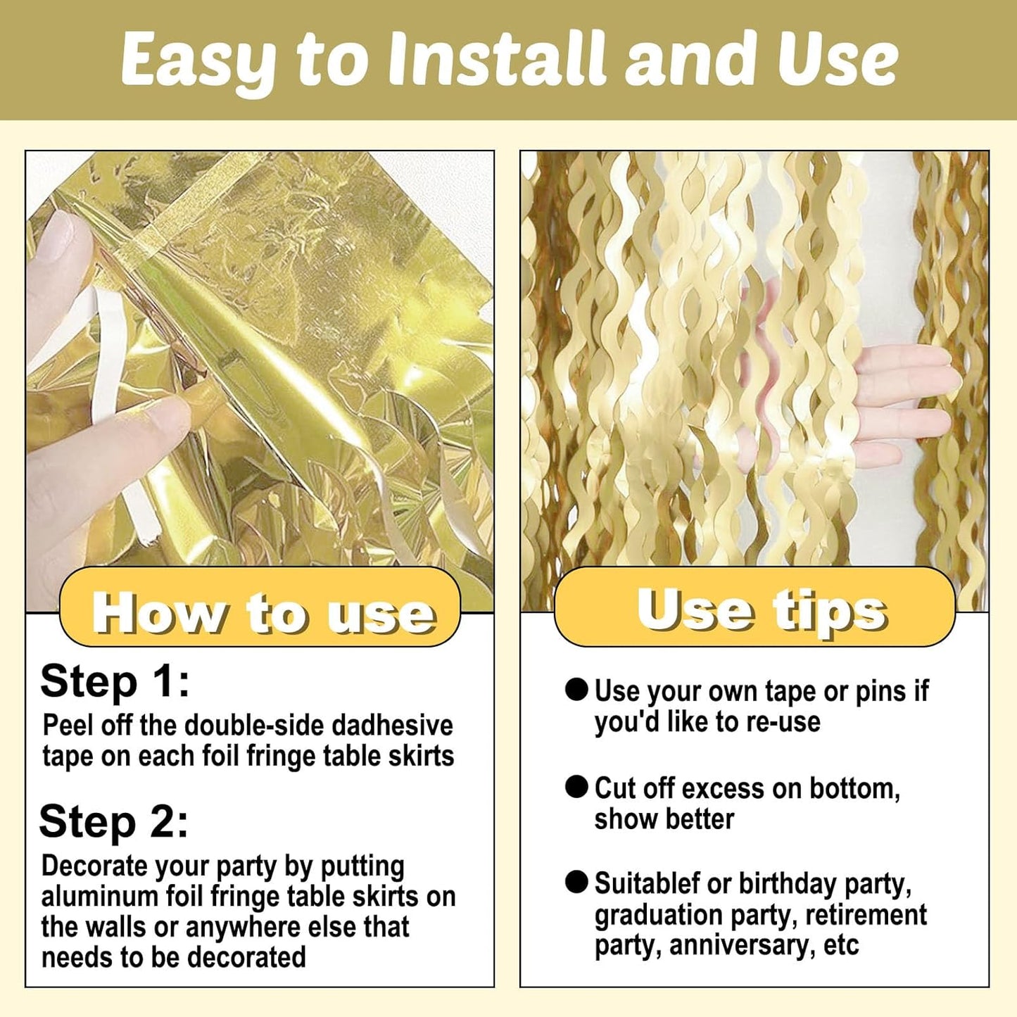 6 Pack 29x108 Inch Light Gold Wave Foil Fringe Table Skirts Metallic Banner for Tinsel Streamer Garland Backdrop for Parade Floats Wedding, Mother's Day, Birthday Mardi Gras Party Decorations