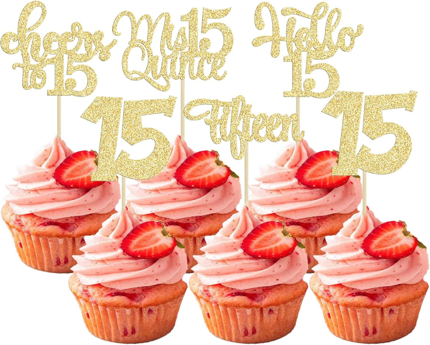 30Pcs 15th Birthday Cupcake Toppers Fifteen Cupcake Picks Cheers to 15 Years Old Mis Quince 15 Cake Decorations for 15th Birthday Anniversary Party Gold Glitter
