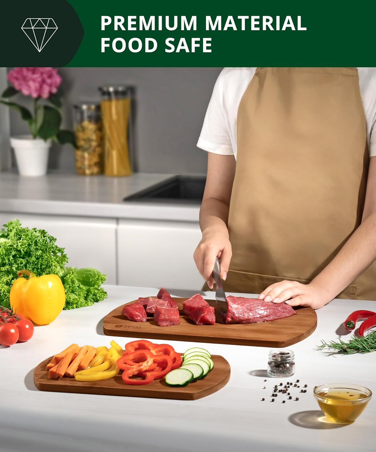 ROYAL CRAFT WOOD Wooden Cutting Boards for Kitchen Meal Prep & Serving - Bamboo Wood Serving Board Set with Deep Juice Groove Side Handles - Charcuterie & Chopping Butcher Block for Meat