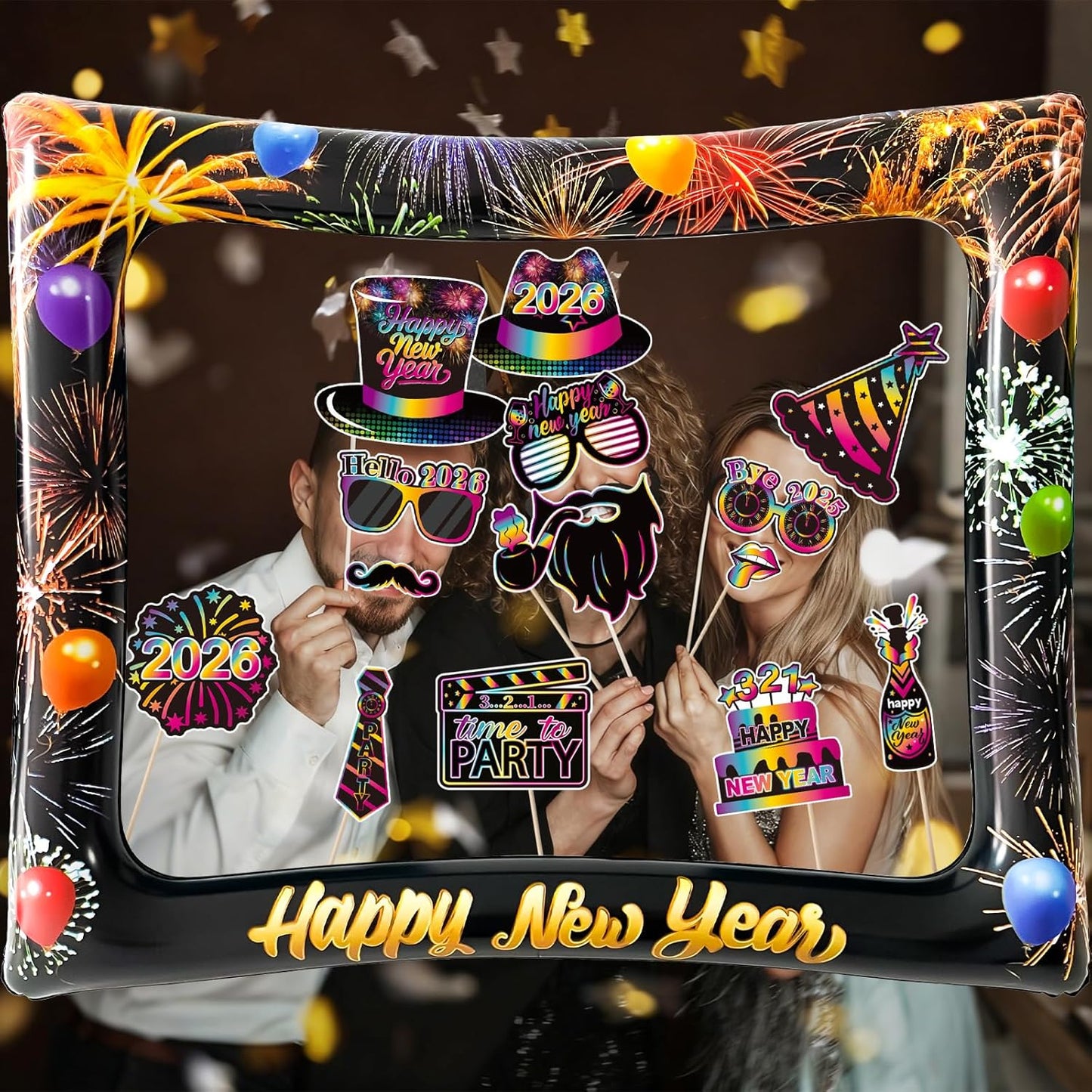 2026 New Year Photo Booth Inflatable Frame Kit, 30Pcs Fluorescent Color New Years Photo Booth Props with Inflatable Picture Frame for New Year Eve Party Selfie Props Supplies
