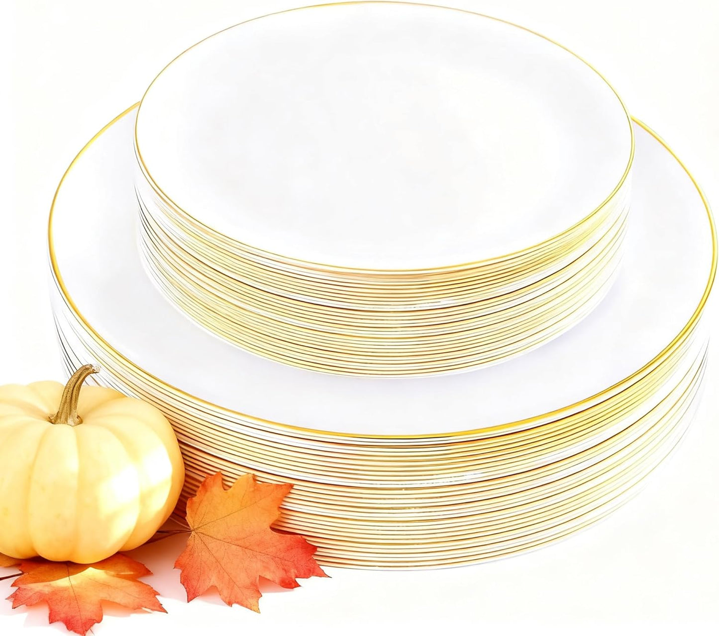 KIRE 60PCS Gold Plastic Plates - Thanksgiving Heavy Duty White Disposable Plates with Gold Rim for Party/Wedding- Include 30Pieces 10.25inch Dinner Plate and 30Pcs 7.5inch Dessert Plate