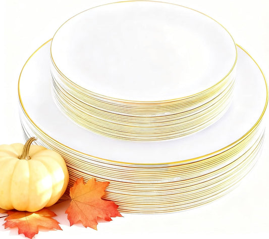 KIRE 60PCS Gold Plastic Plates - Thanksgiving Heavy Duty White Disposable Plates with Gold Rim for Party/Wedding- Include 30Pieces 10.25inch Dinner Plate and 30Pcs 7.5inch Dessert Plate