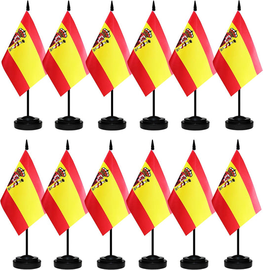 12 Pack Spain Desk Flags Set, Spanish Small Mini Table Office Flags With 12" Solid Black Pole, Black Base and Spear Top, Miniature Desktop Flag, Home Decoration, Office Decoration, Festival