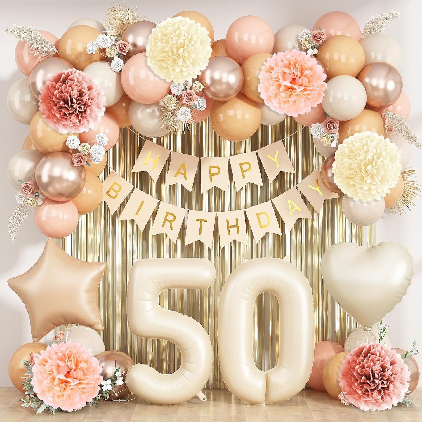 Beige 50th Birthday Decorations for Women Cream Number 50 Balloon Nude Gold Happy Birthday Banner Fringe Curtain Paper Pom Poms Blush White Sand Champagne Star Foil Balloons Neutral Boho Party Decor
