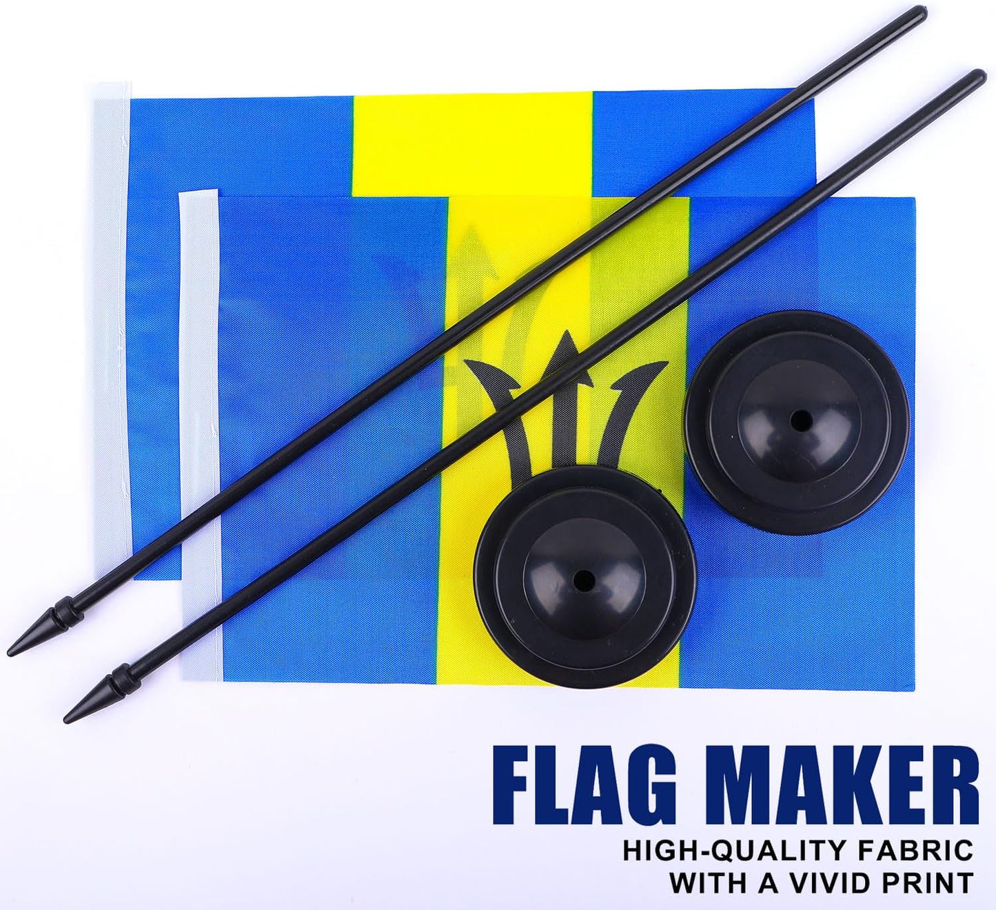 Barbados Desk Flag 12" Solid Pole Deluxe Set Barbadians Flags Banner Mini Small Barbados Office Table Flags with Black Stand Base Desktop Decorations(2Pack)