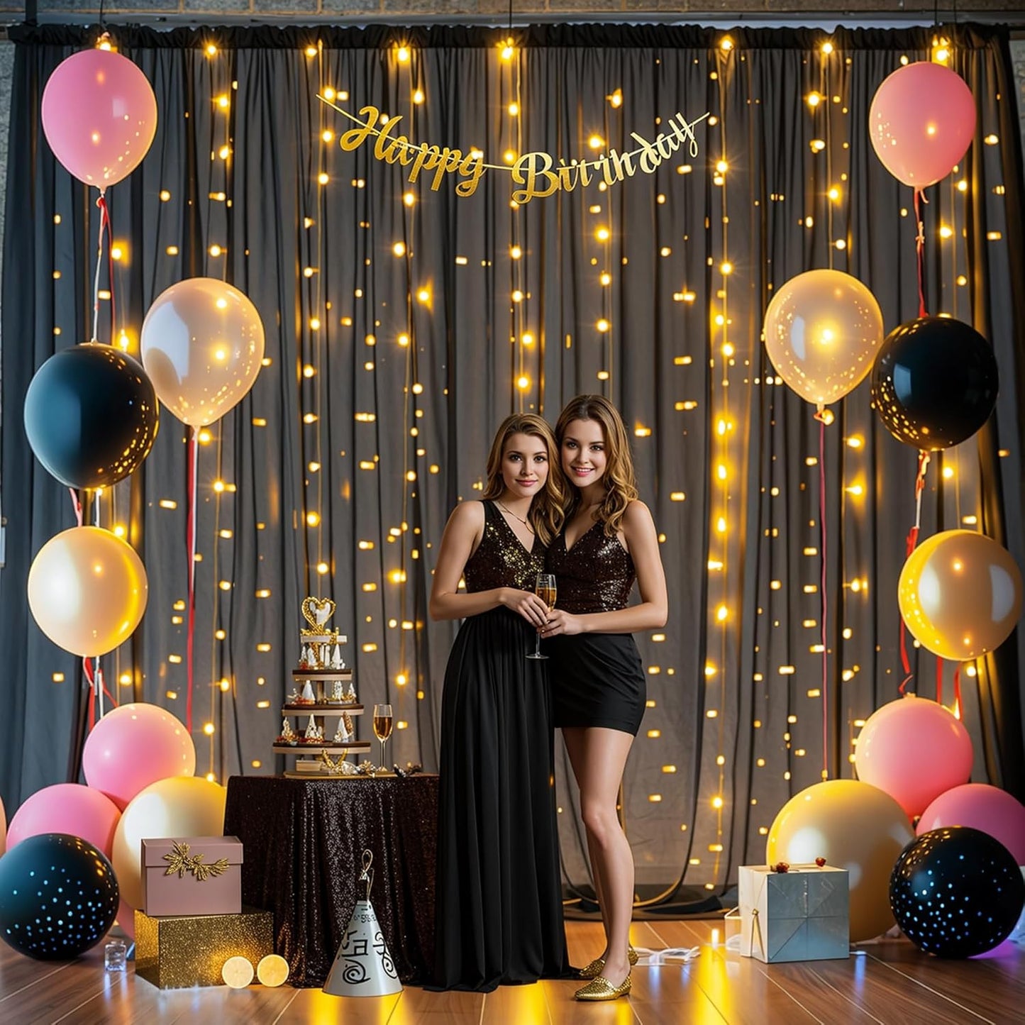 10x10ft Black Chiffon Backdrop Curtain with Lights for Wedding Birthday Parties, Wrinkle Free Backdrop Curtains with Lights for Halloween Baby Shower Gender Reveal Photo Shoot (5 x 10ft,2 Panels)