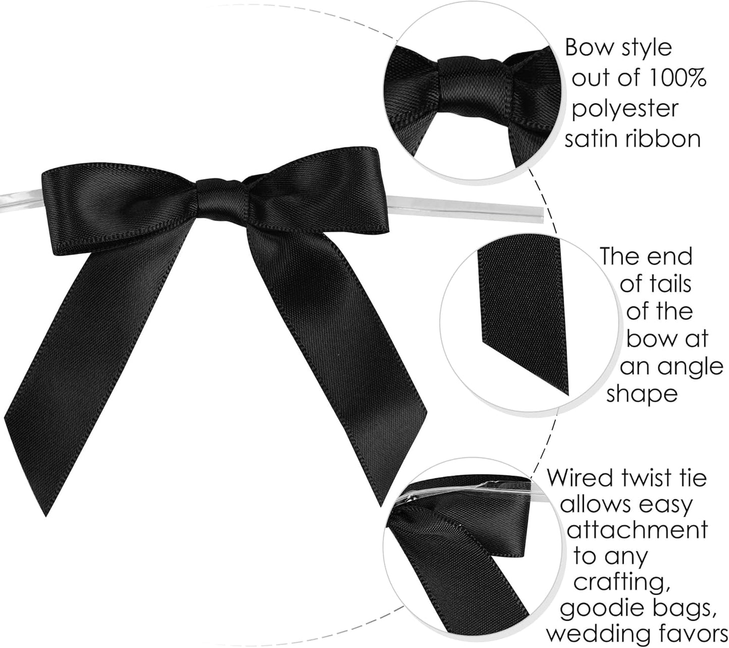 AIMUDI Black Bows 2.5" Satin Bows for Gift Wrapping Twist Tie Bows for Crafts Pre-Tied Black Satin Ribbon Bows Small Gift Bows for Treat Bags Party Favors Wedding Decorations - 50 Counts