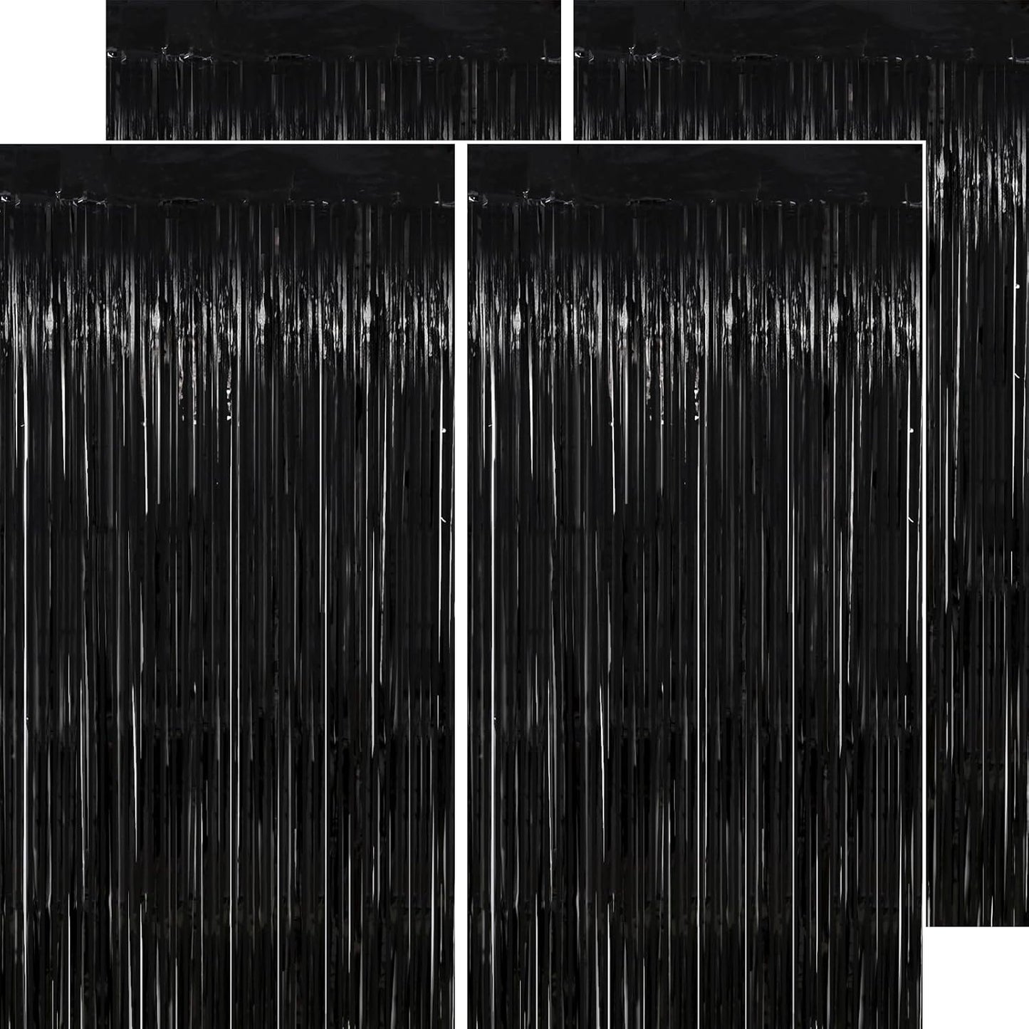Halloween Decorations Black Streamers - Thicken 4 Pack 3.2 x 8.2 FT - Black Tinsel Foil Fringe Backdrop Curtains, Photo Booth Props for Birthday, Halloween, Retirement, Bachelor Party Decorations