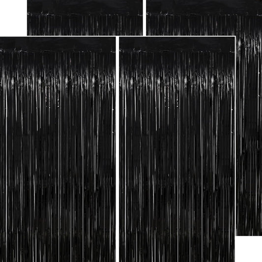 Halloween Decorations Black Streamers - Thicken 4 Pack 3.2 x 8.2 FT - Black Tinsel Foil Fringe Backdrop Curtains, Photo Booth Props for Birthday, Halloween, Retirement, Bachelor Party Decorations