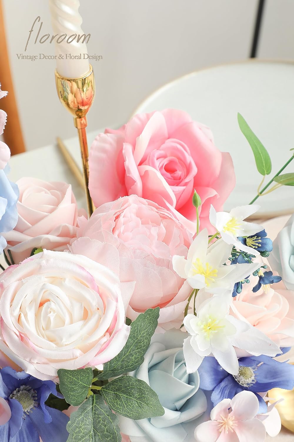 Floroom Pink Blush Blue Artificial Flowers Fake Roses Peonies and Greenery Combo Box Set for DIY Wedding Bouquets Bridal Shower Centerpieces Floral Arrangements Party Tables Home Decorations