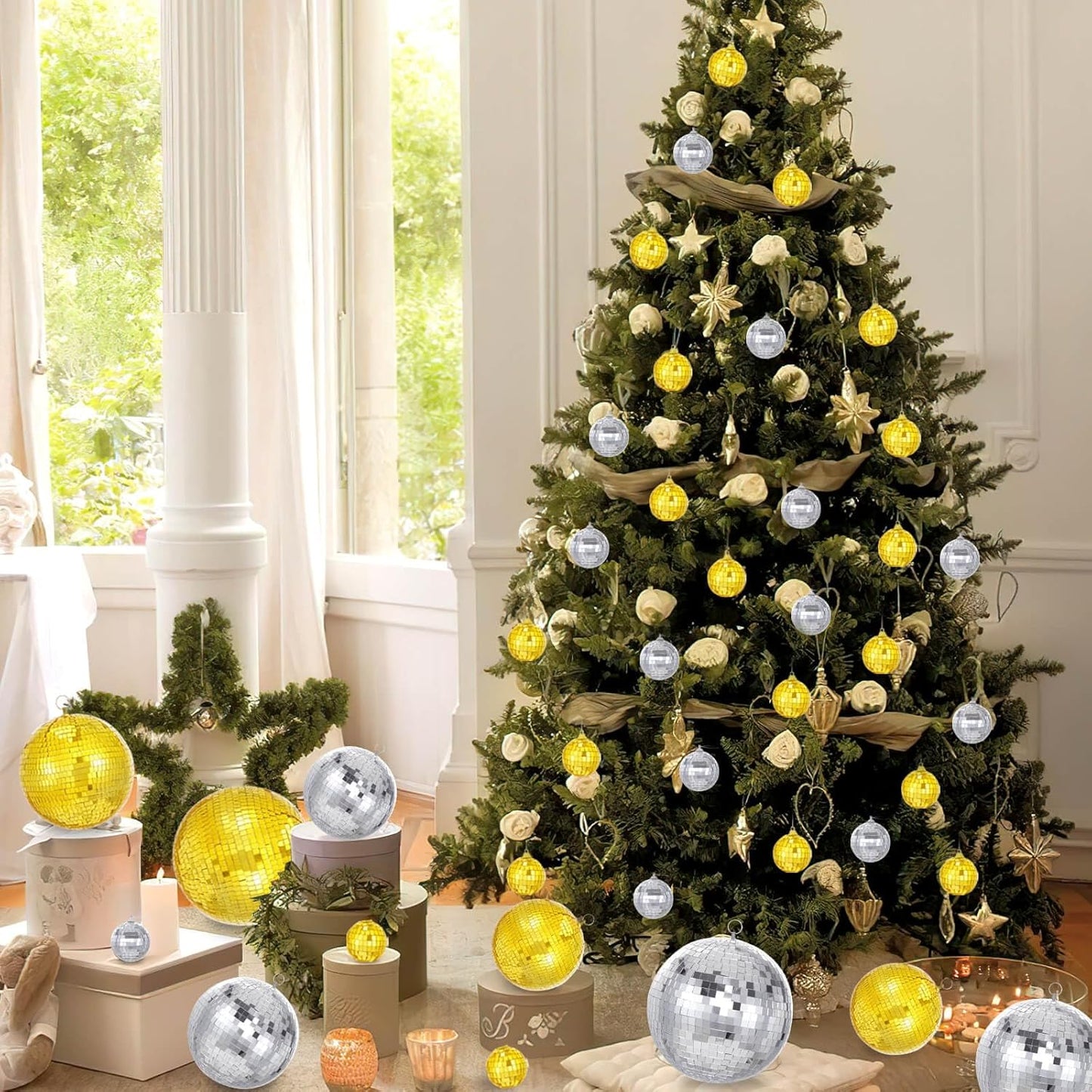 Gold Hanging Mirror Disco Ball : 6 Inches Reflective Silver Ball - 70s Party Club Stage Props DJ Light Effect Decoration (6''-4PCS Gold and Silver)