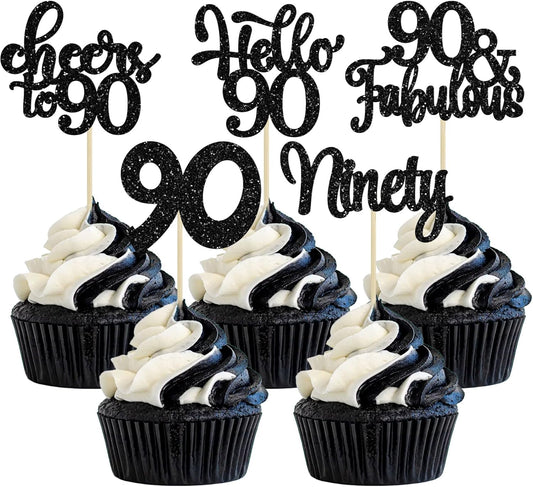Gyufise 30Pcs Happy 90th Birthday Cupcake Toppers Black Glitter Ninety Cheers to 90 Years Old Birthday Cupcake Picks for Happy 90th Birthday Anniversary Party Cake Decorations