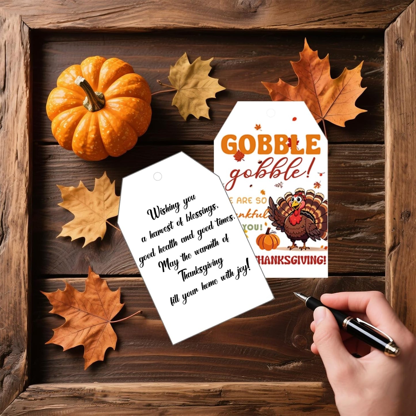 50Pcs Happy Thanksgiving Gift Tags With String, 3.3x2.1 Inch So Very Thankful For You Tags, Gobble Thanksgiving Name Tags With Turkey Pumpkin Leaf for Autumn Holiday Party Favors DIY Craft