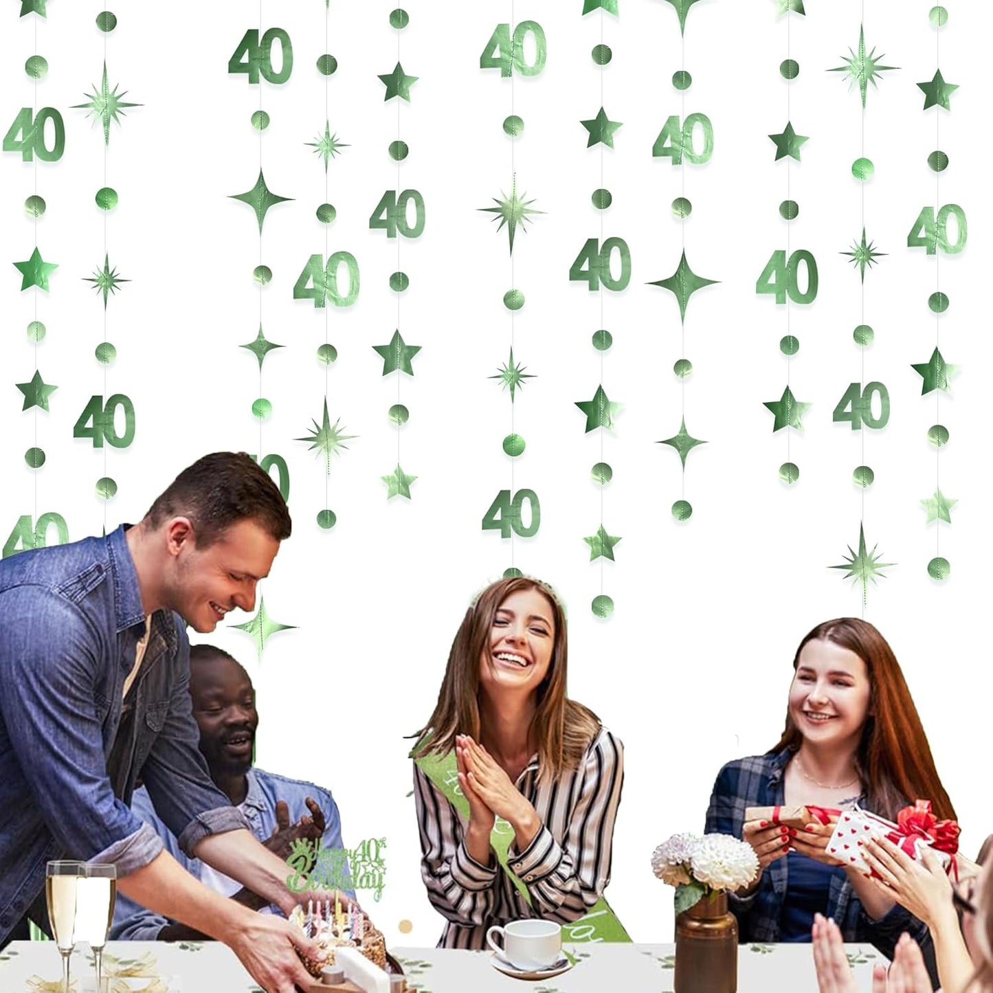 Sage Green 40th Birthday Decorations Number 40 Circle Dot Twinkle Star Garland Metallic Streamer Banner Backdrop for Women Mens Cheers to 40 Years Old Birthday Happy 40th Anniversary Party Supplies