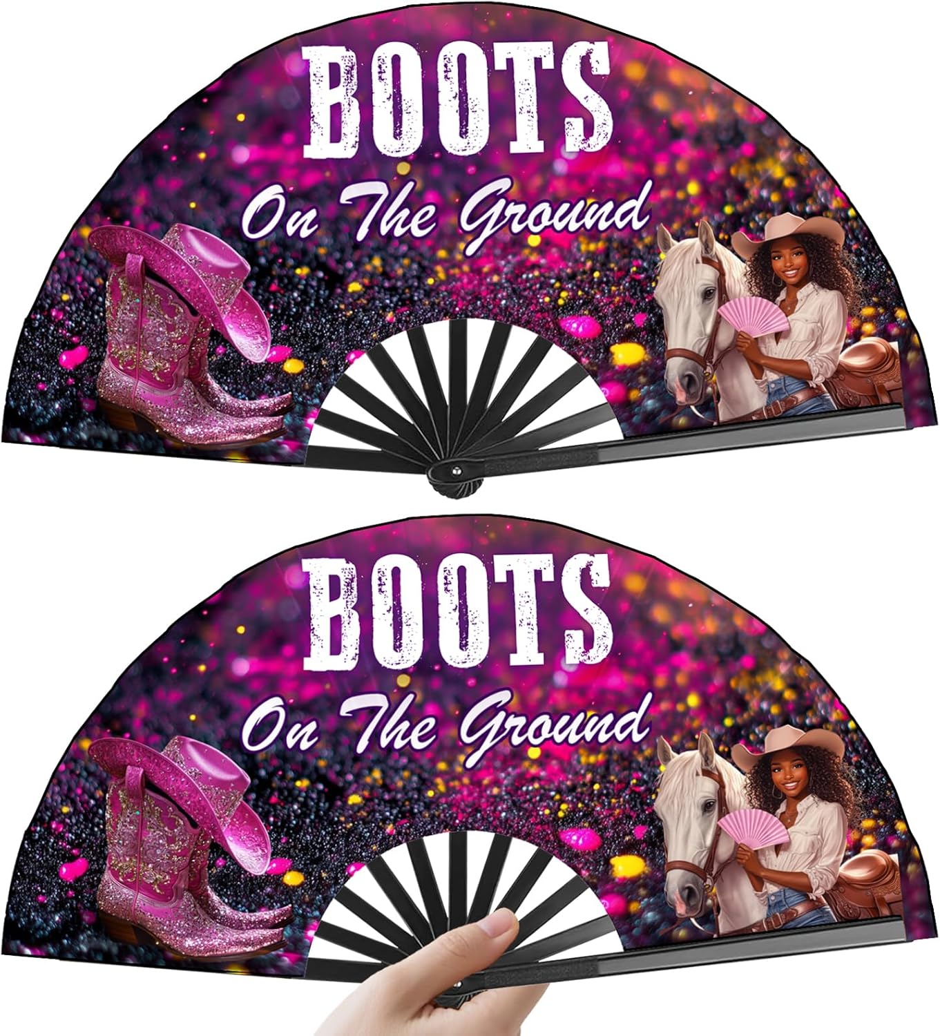 Boots on The Ground Hand Fan,2 Pack Clacking Fans for Line Dancing Folding Hand Classic,13'' Large Where Them Fans at Line Dance Popping Fan for Dance,Festival,Performance,Party