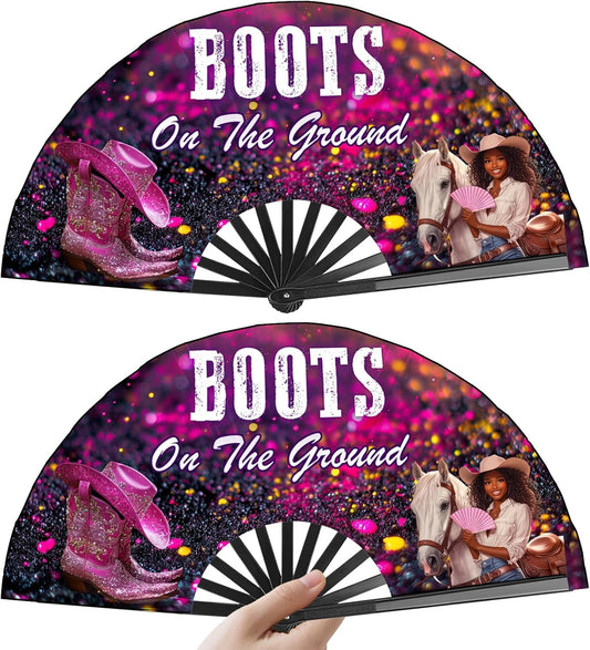 Boots on The Ground Hand Fan,2 Pack Clacking Fans for Line Dancing Folding Hand Classic,13'' Large Where Them Fans at Line Dance Popping Fan for Dance,Festival,Performance,Party