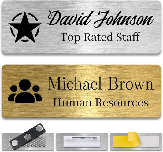 Metal Custom Name Tags – Personalized Engraved Name Badges with Pin, Magnetic or Adhesive Backing, 1×3 Inch ID Badge(Gold)