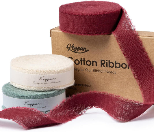 Christmas Ribbon Set 5/8" x 21 Yards with Frayed Fringe Fabric Cotton Ribbons for Gift Wrapping Wedding Invitations Flower Bouquet Baby Shower