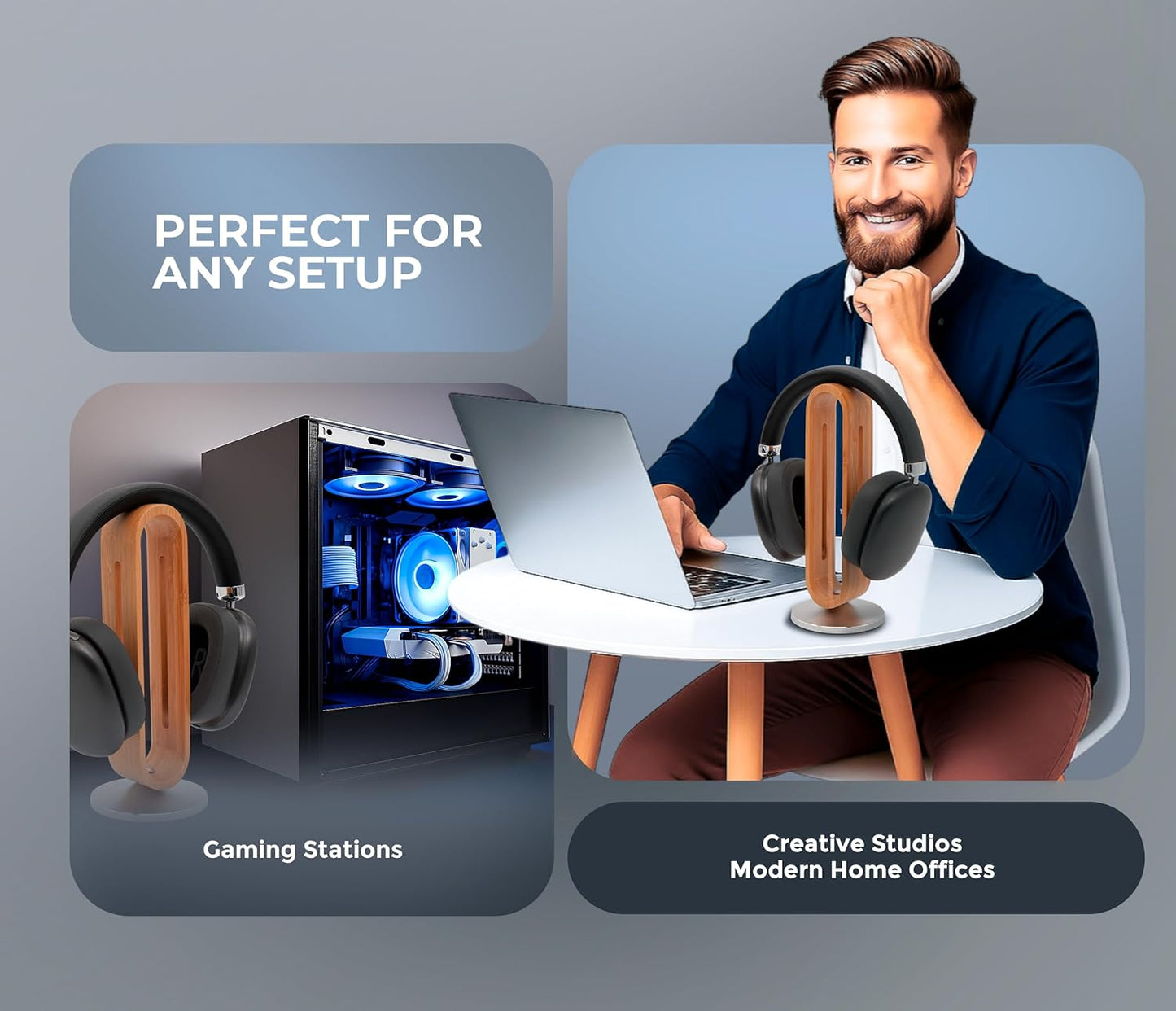 Headphone Stand for Desk – Premium & Minimalist Headset Holder with Round or Oval Base for Gaming, Office & Home (Bamboo, Oval)