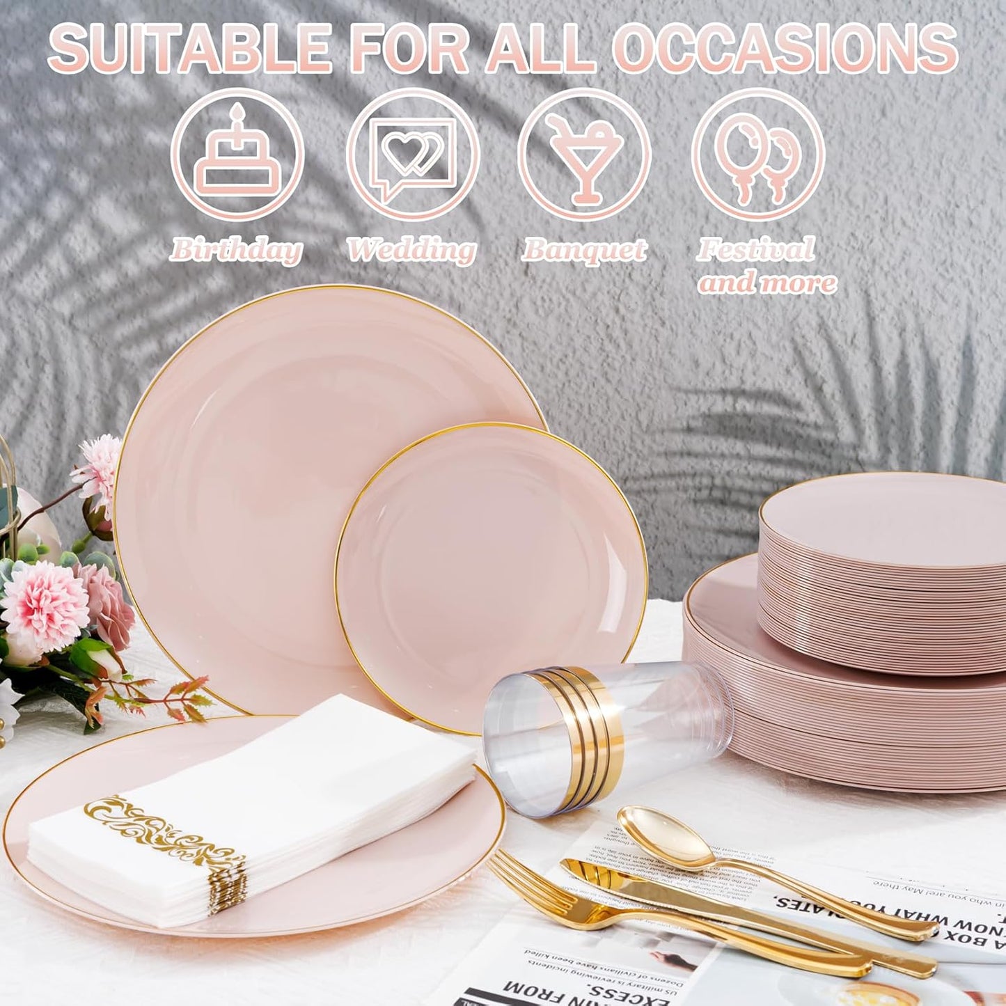 Supernal 350pcs Pink Plastic Plates,Plates Disposable Heavy Duty,Pink Disposable Plastic Dinnerware Set Include 50 Dinner Plate,50 Dessert Plate,50 Gold Cutlery,50 Cups&50 Napkins for Party&Wedding
