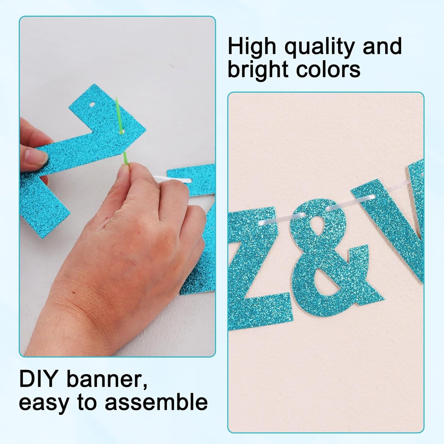 BEISHIDA 116 PCS A-Z Glitter Lake Blue DIY Letter Banner Kit Make Your Own Banner，Including 111 Letters and Numbers 3 Rope and 2 Threading Device,Customized for Birthday Graduation Wedding Party Decor