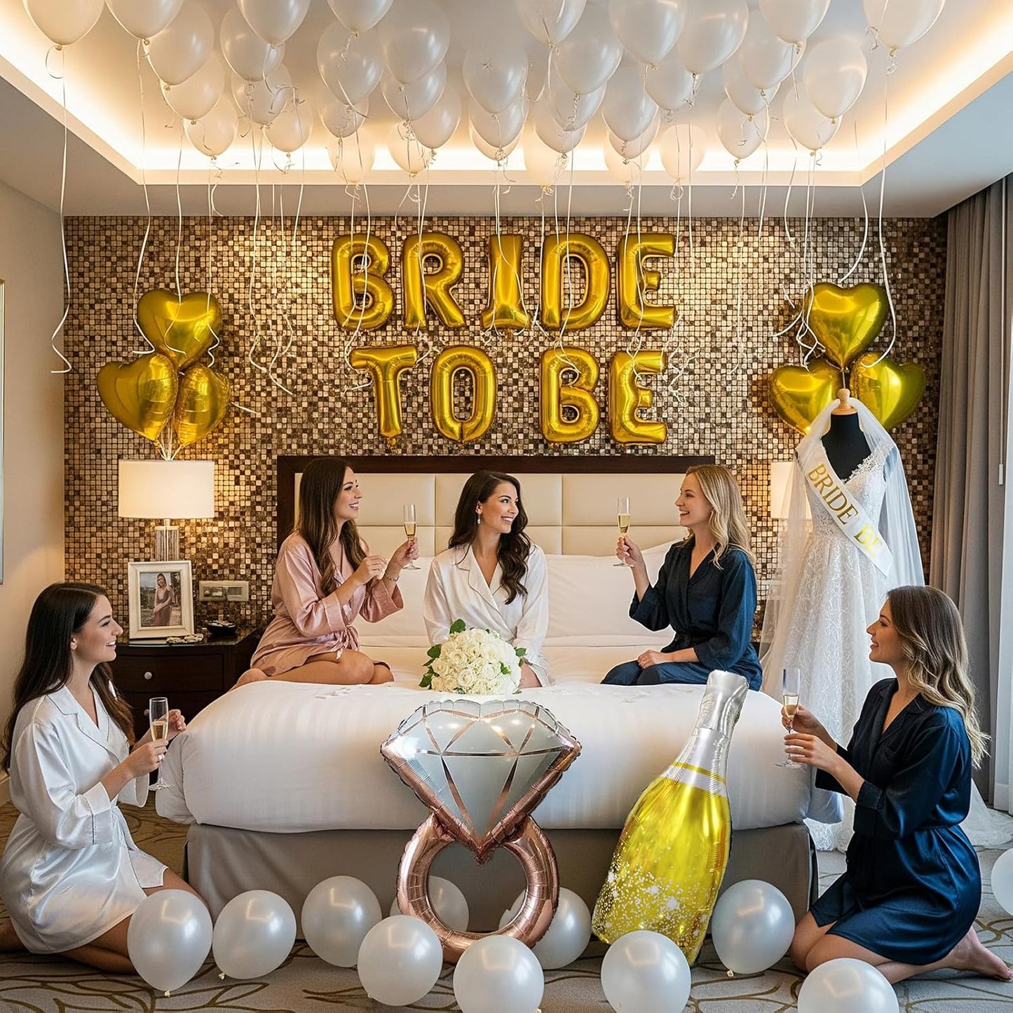 Gold Decorations pearl White balloons Bridal Veil BRIDE TO BE Balloons Sash with Diamond Ring Heart Champagne Balloons Bridal Veil for Bachelorette Party Decor Bride To Be Bridal Showerr