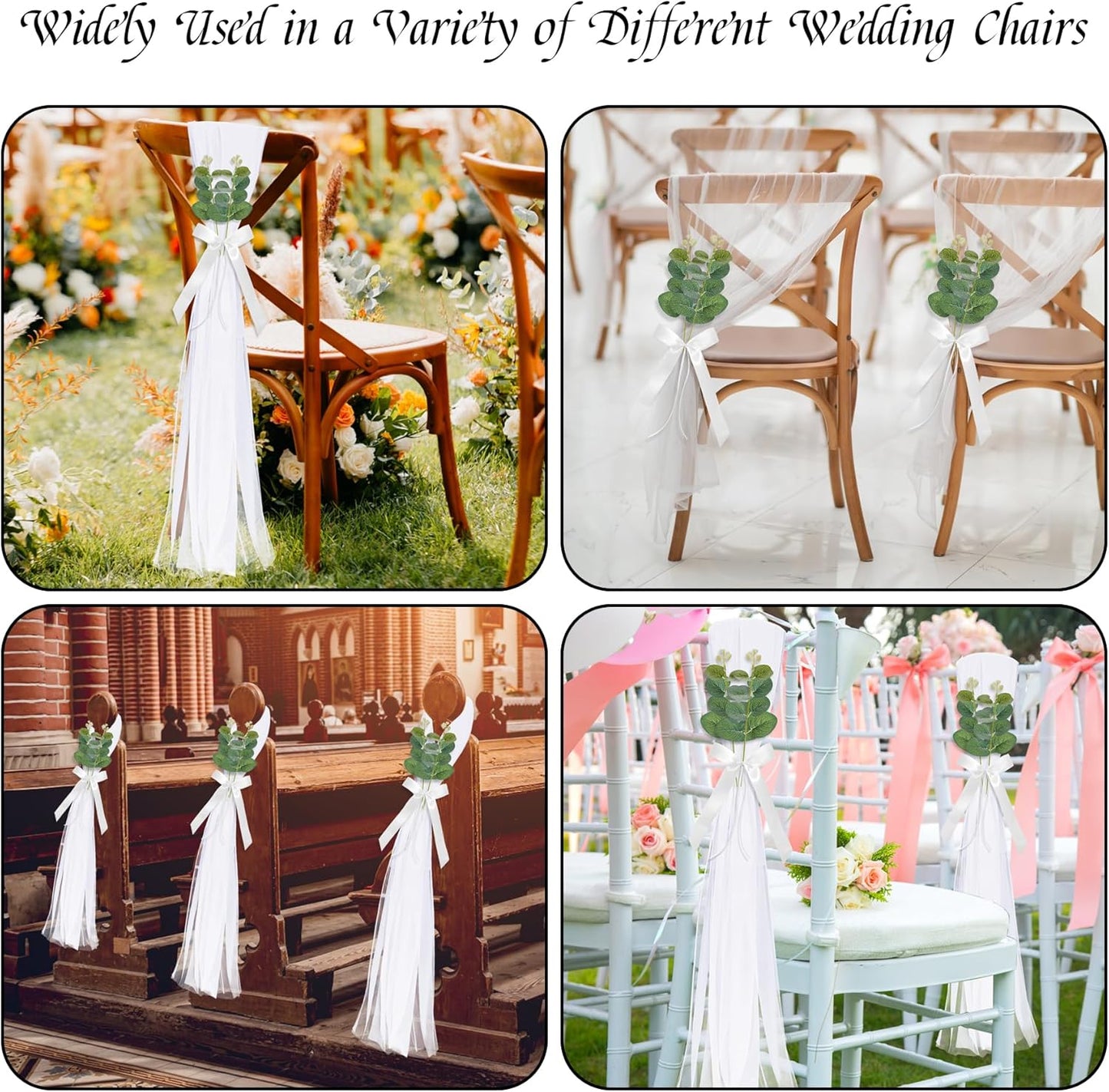 26 Sets of Wedding Aisle Decorations, White Tulle Chair Sashes with Bow Ribbons and Artificial Eucalyptus Stems for Church Pews, Wedding Ceremony Chair Decor