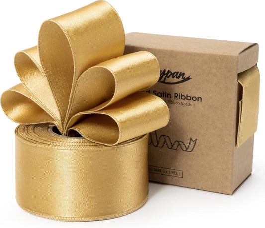 Gold Satin Ribbon Double-Faced Wired Ribbons for Gift Wrapping Flower Bouquet Bows Wedding Invitation Christmas Decor Crafts 1-1/2 Inch 10 Yards