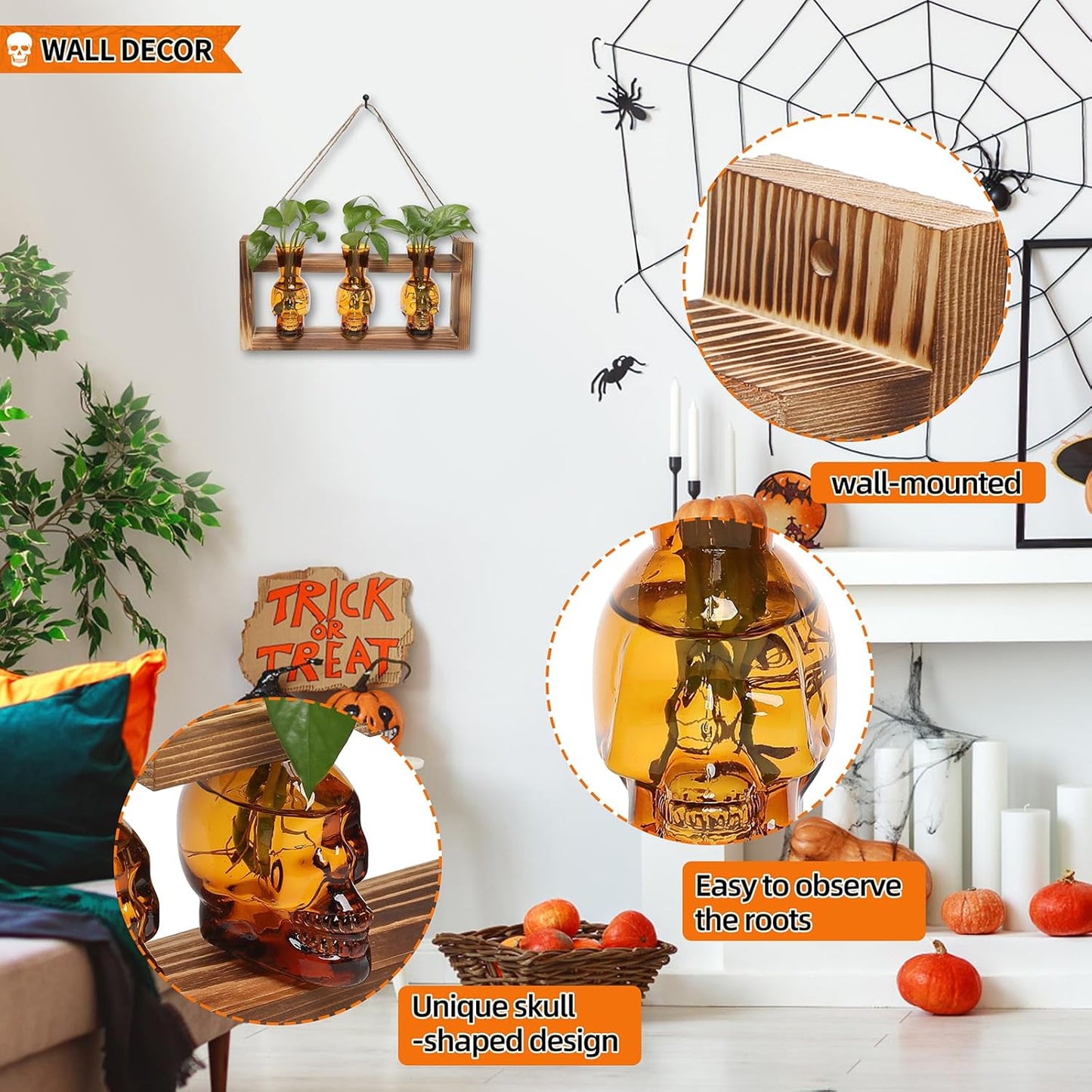 Plant Terrarium Propagation Stations Hydroponics Halloween Skull Planter Vase Skulls Decor with Wooden Stand Gift for Father