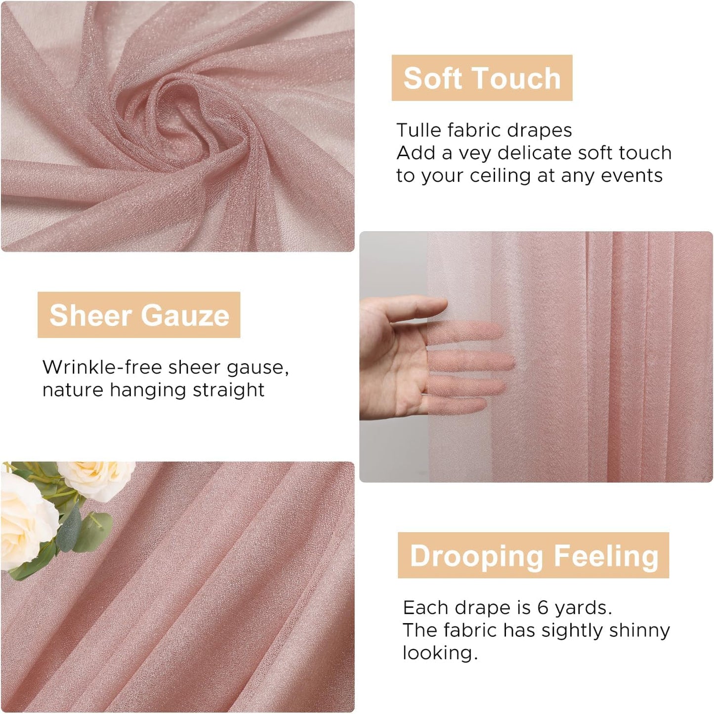 Wokceer Dusty Rose Wedding Arch Draping Fabric Backdrop 4 Panels 28.7" X 20FT Sheer Drapes Fabric for Wedding Arbor Ceremony Party