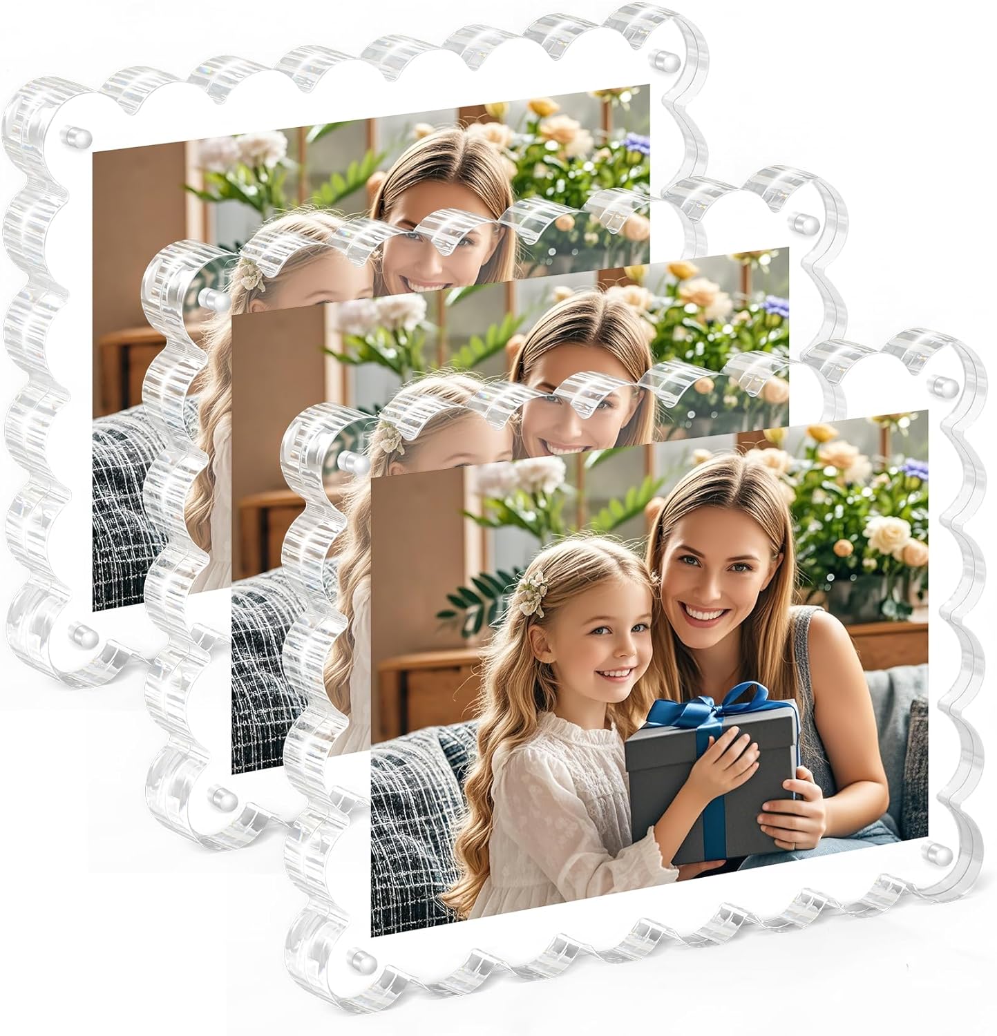 3Pack Magnetic Acrylic Picture Frames 5×7 Inch - Scalloped Photo Frame with 10+10mm Thick Block, Double Sided Clear Frames for Desktop Display | Trendy Home Gift (Clear, 5X7)