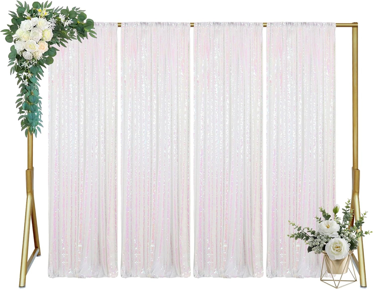 ShinyBeauty 4x10ft White Sequin Photography Backdrop | 4 Panels Glitter Sparkly Background Curtain for Weddings, Parties, and Studio Decor