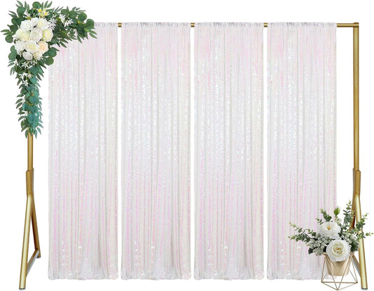 ShinyBeauty 4x10ft White Sequin Photography Backdrop | 4 Panels Glitter Sparkly Background Curtain for Weddings, Parties, and Studio Decor